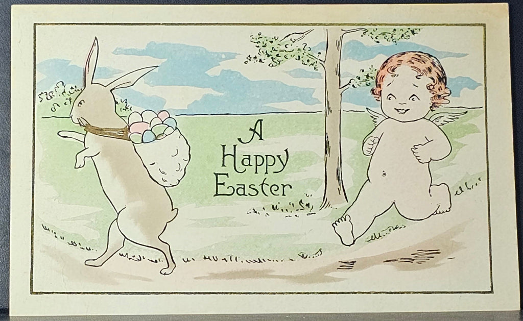 Easter Postcard Baby Cherub Fairy Chasing Bunny Rabbit with Painted Eggs