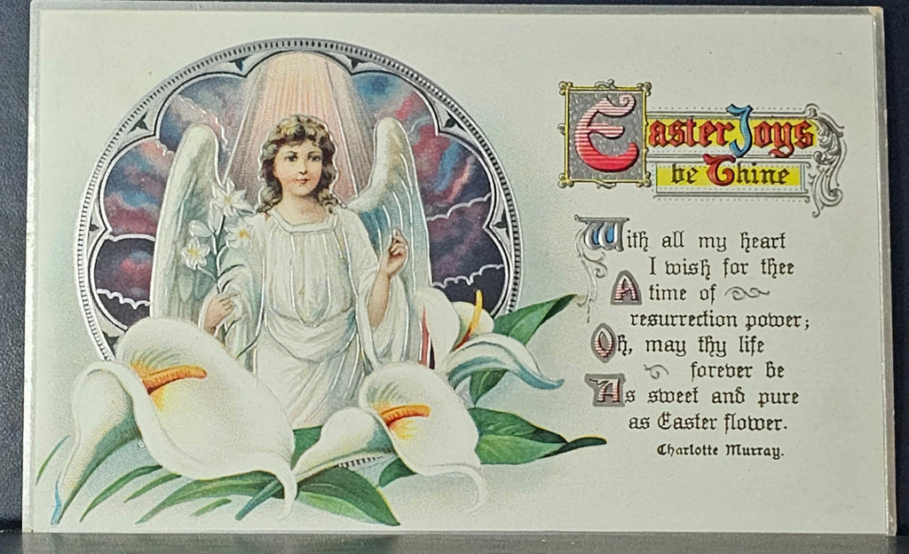 Easter Postcard Angel with Silver Trim and Calla Lily Flowers Series 1503