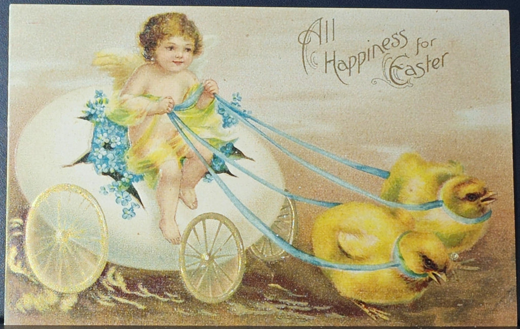 Easter Postcard Fantasy Baby Cherub Fairy in Egg Wagon Pulled By Baby Chicks IAP Attr Clapsaddle
