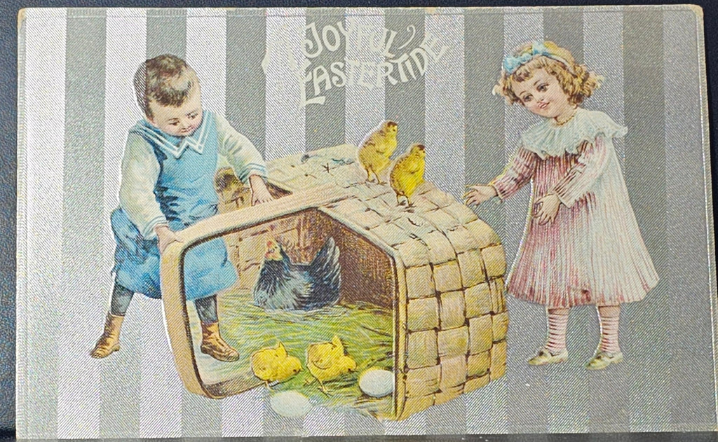 Easter Postcard Silver Background Two Children with Basket of Hen and Chicks
