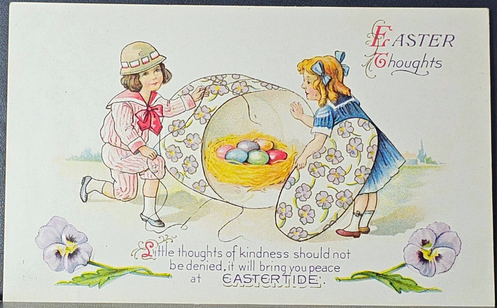 Easter Postcard Embossed Card Children Opening Giant Flower Box with Eggs Pansies at Corners