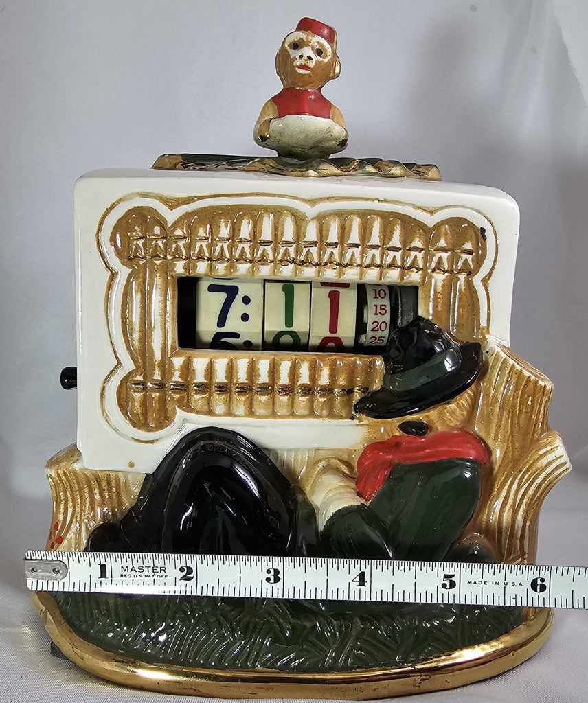 Mid Century Monkey & Organ Grinder Tele-Vision Porcelain Ceramic Roll Flip Electrical Clock