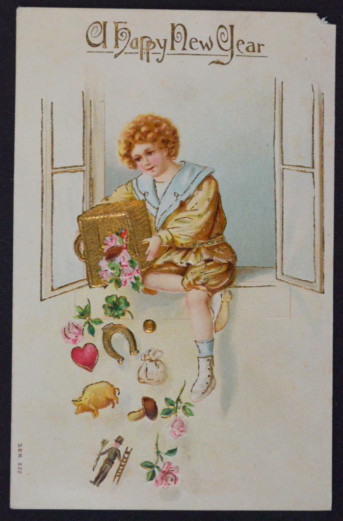 New Year's Postcard Child with Basket of Good Luck Charms Embossed Gold Embellished