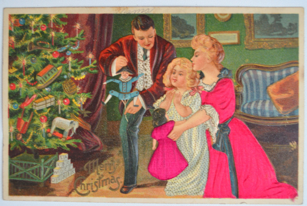 silk victorian family christmas postcard