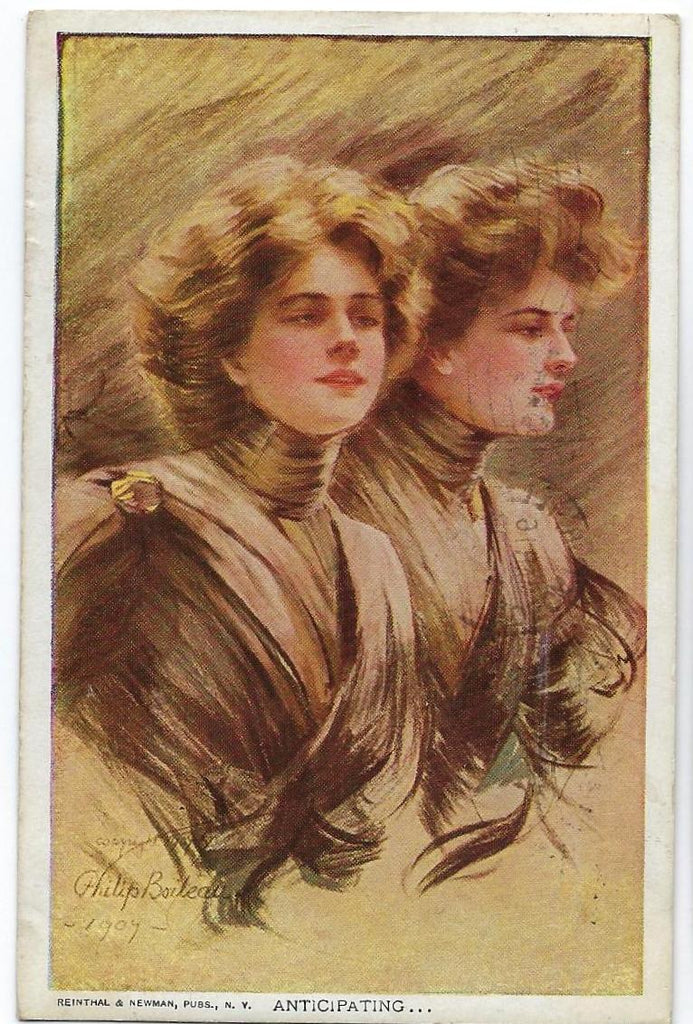 Artist Signed Philip Boileau Postcard titled Anticipating, profile image of two Art Nouveau Gibson Girls