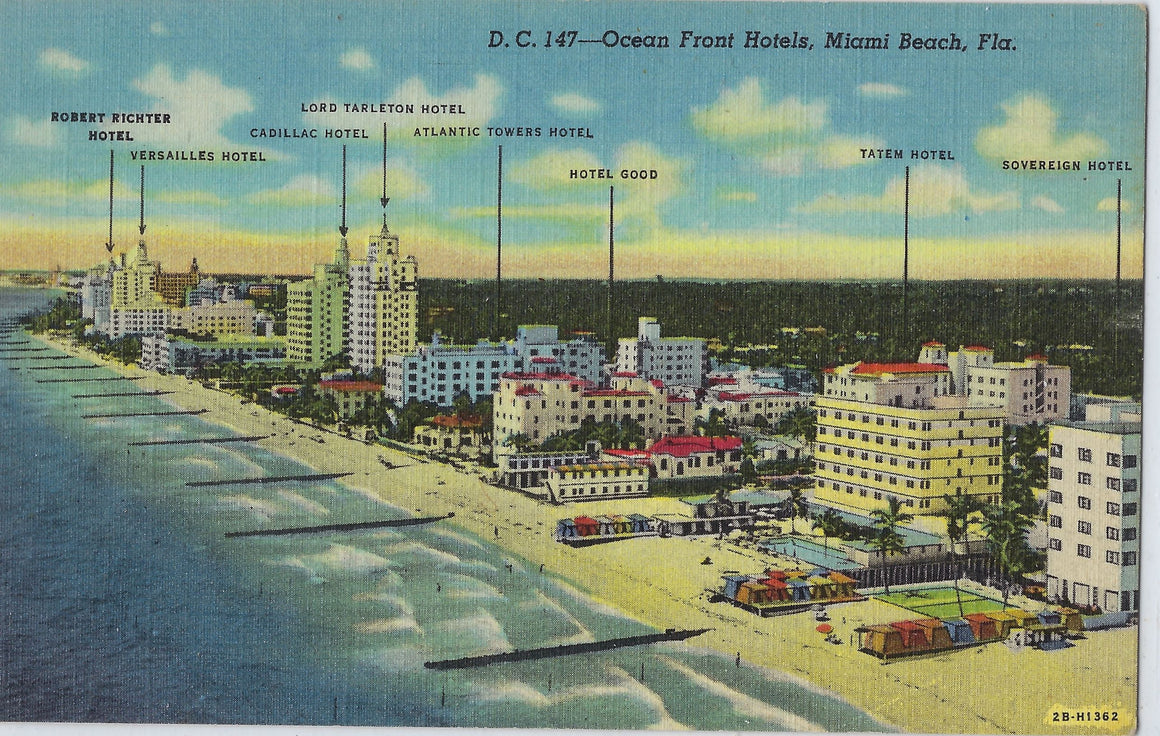 Ocean Front Hotels Coast Line Miami Beach FL 1940s Florida Linen Postcard