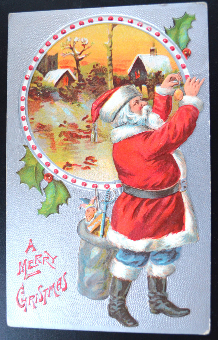 Christmas Postcard Santa Claus Red Robe Silver Embossed