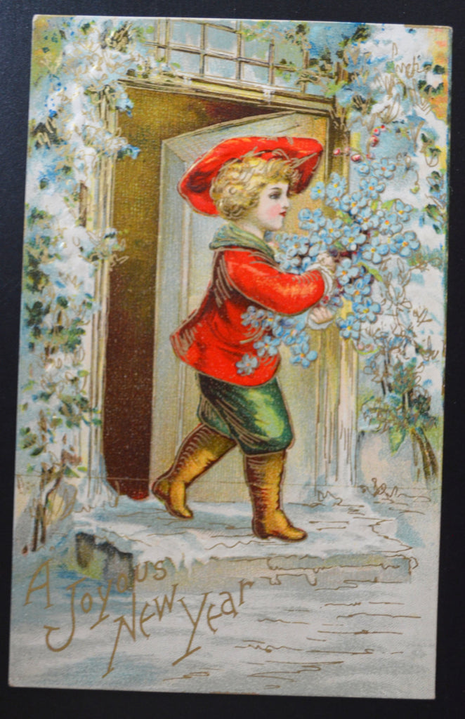 New Year's Postcard Child with Flowers Embossed Gold Embellished