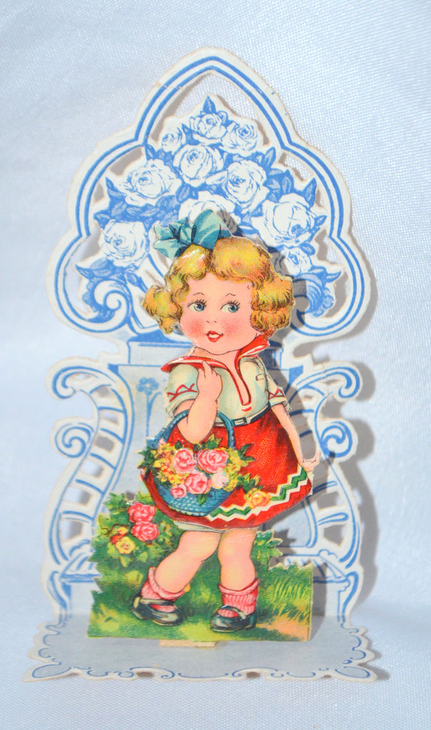 German Die Cut Fold Down 3D Valentine Card 1920s Little Girl Carrying Basket of Flowers