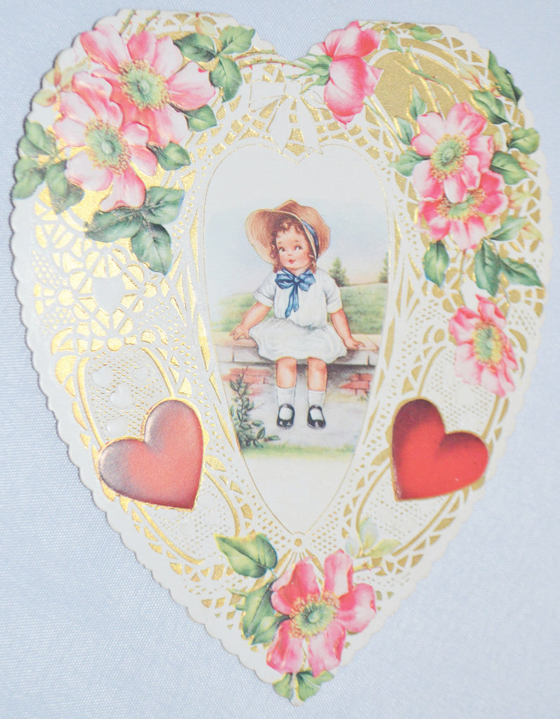 Die Cut Heart Shaped Embossed Valentine Card Whitney Made Little Girl Flowers & Lace
