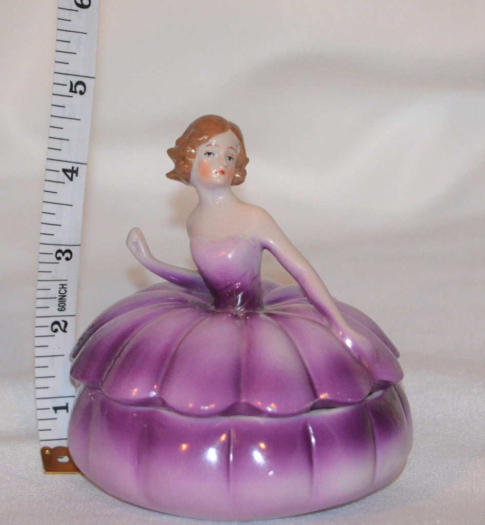 Deco Period German Porcelain Half Doll Lady Powder Box Jar Purple Dress
