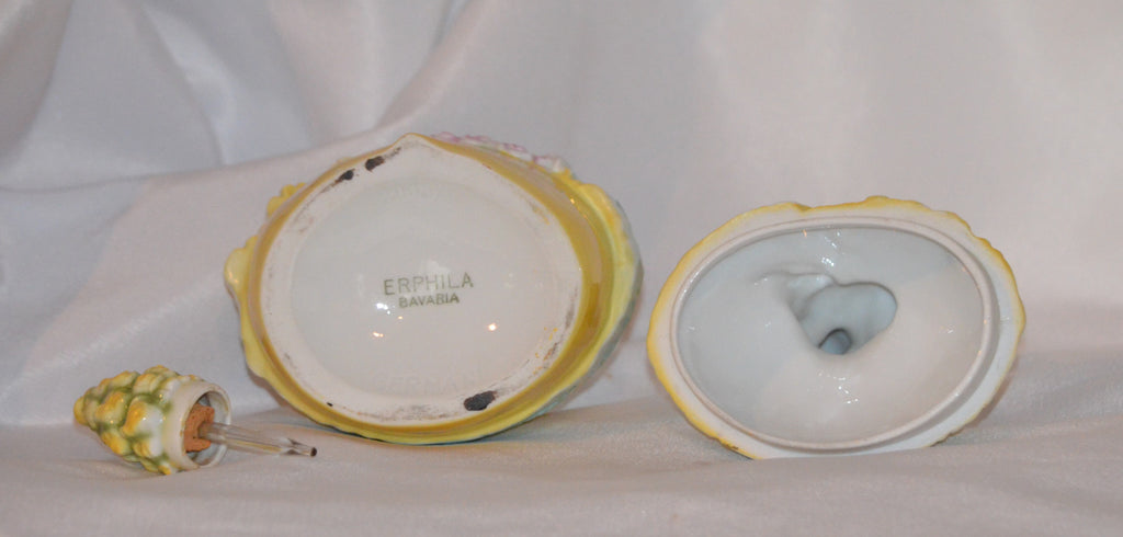 Bavarian Porcelain Erphila Yellow Figural Woman Powder Box Jar & Perfume Half Doll