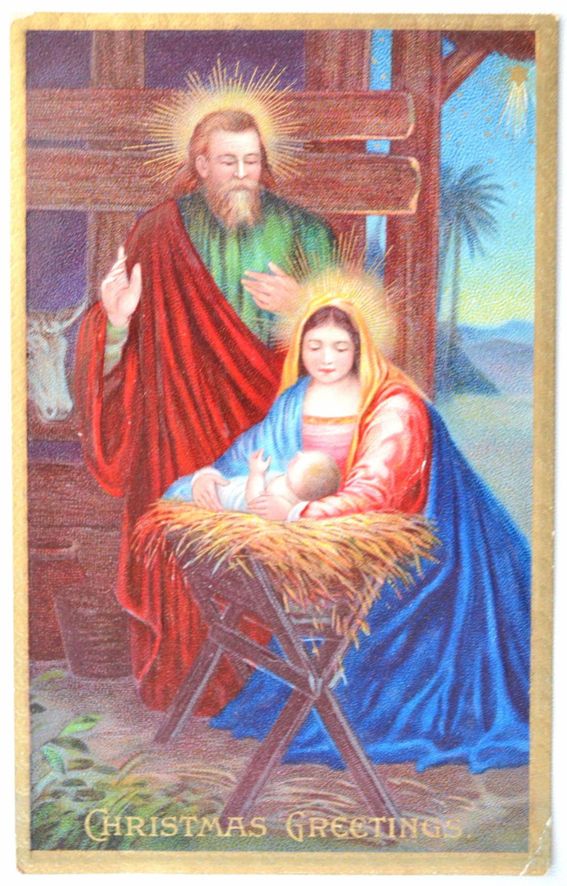 Christmas Postcard Gold Embossed Religious Themed Holy Family