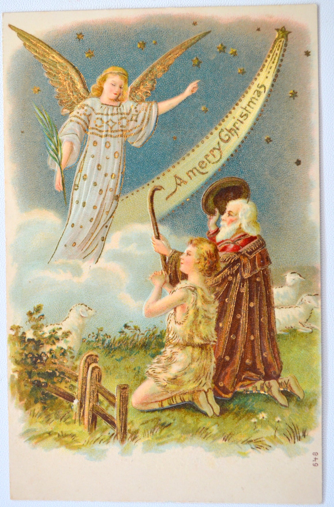 Christmas Postcard Religious Theme Gold Embossed Angel Series 849