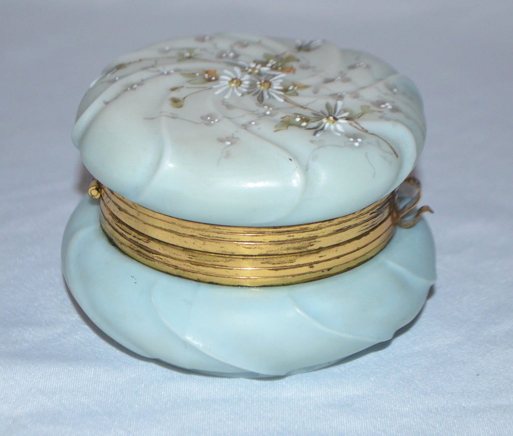 CF Monroe Helmschmeid Swirl Blue Opal Ware Dresser Box with Painted Daisies