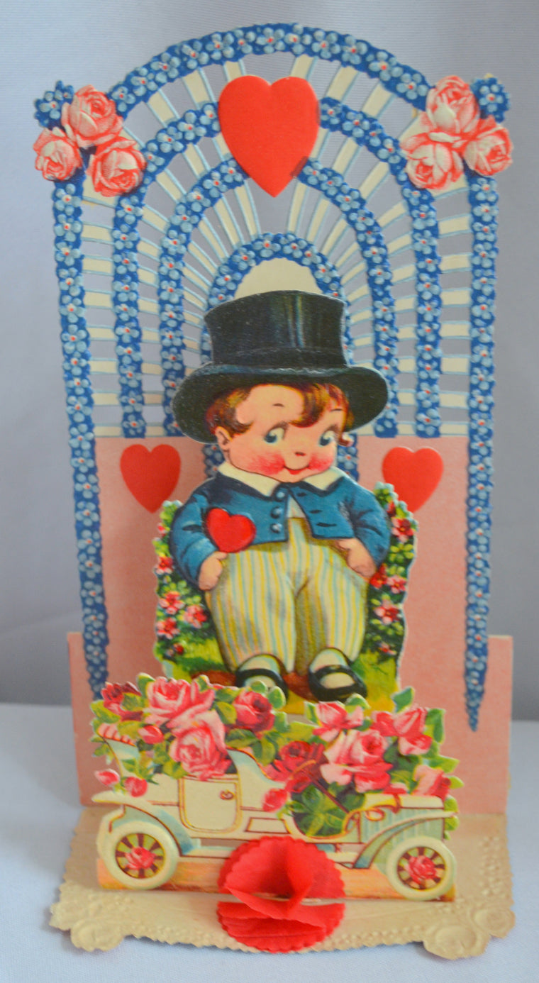 Vintage Fold Down Valentine Card Boy in Top Hat with Car Embossed with Honeycomb Puff