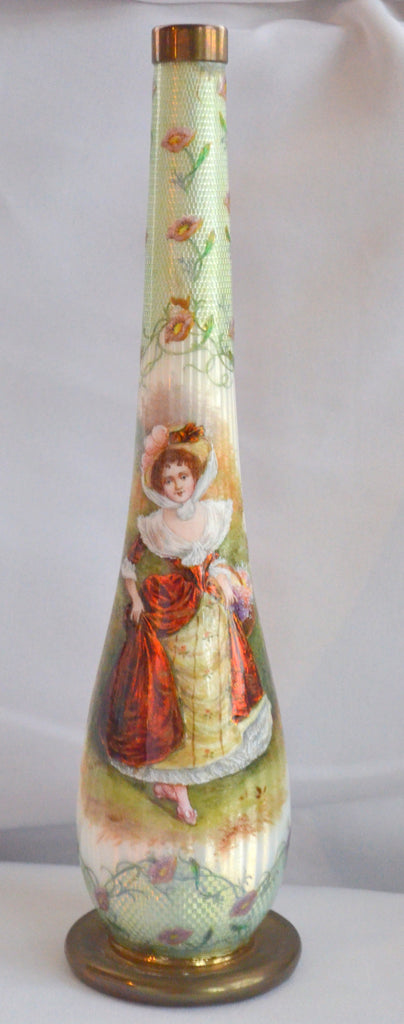 FRENCH Enamel Guilloche Bronze Foil Vase Scenic Hand Painted Maiden Signed Roy 11"