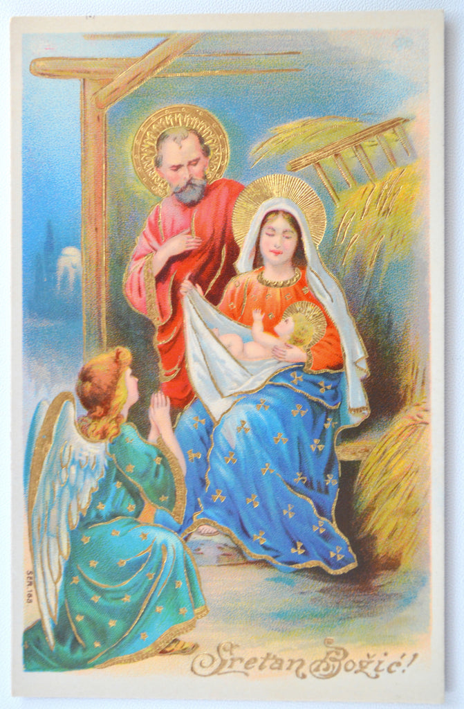 Christmas Postcard Religious Theme Holy Family with Angel Gold Embossed Gel Finish