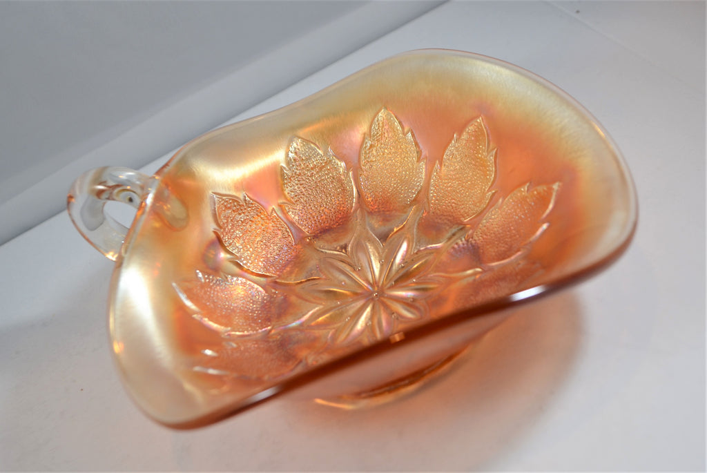 Dugan Marigold Carnival Glass Leaf Rays Nappy Dish