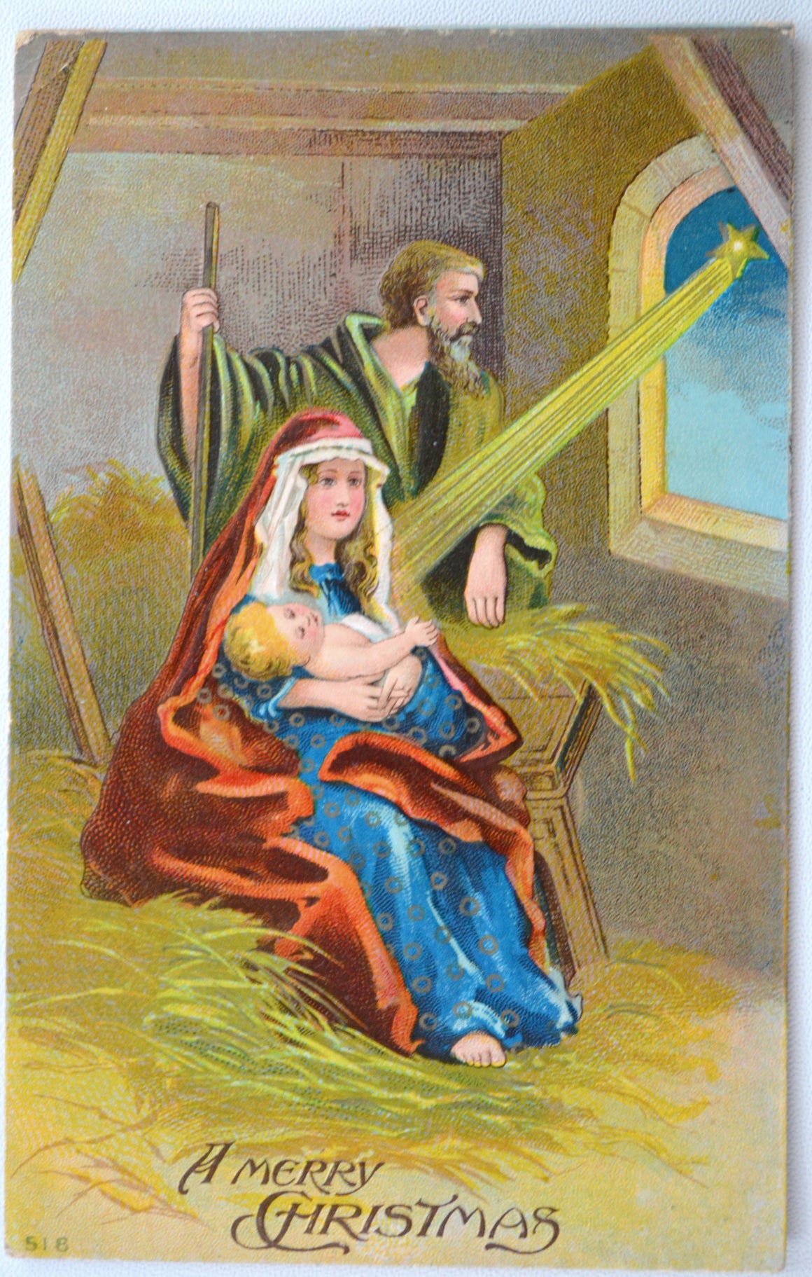 Christmas Postcard Religious Theme Embossed Holy Family