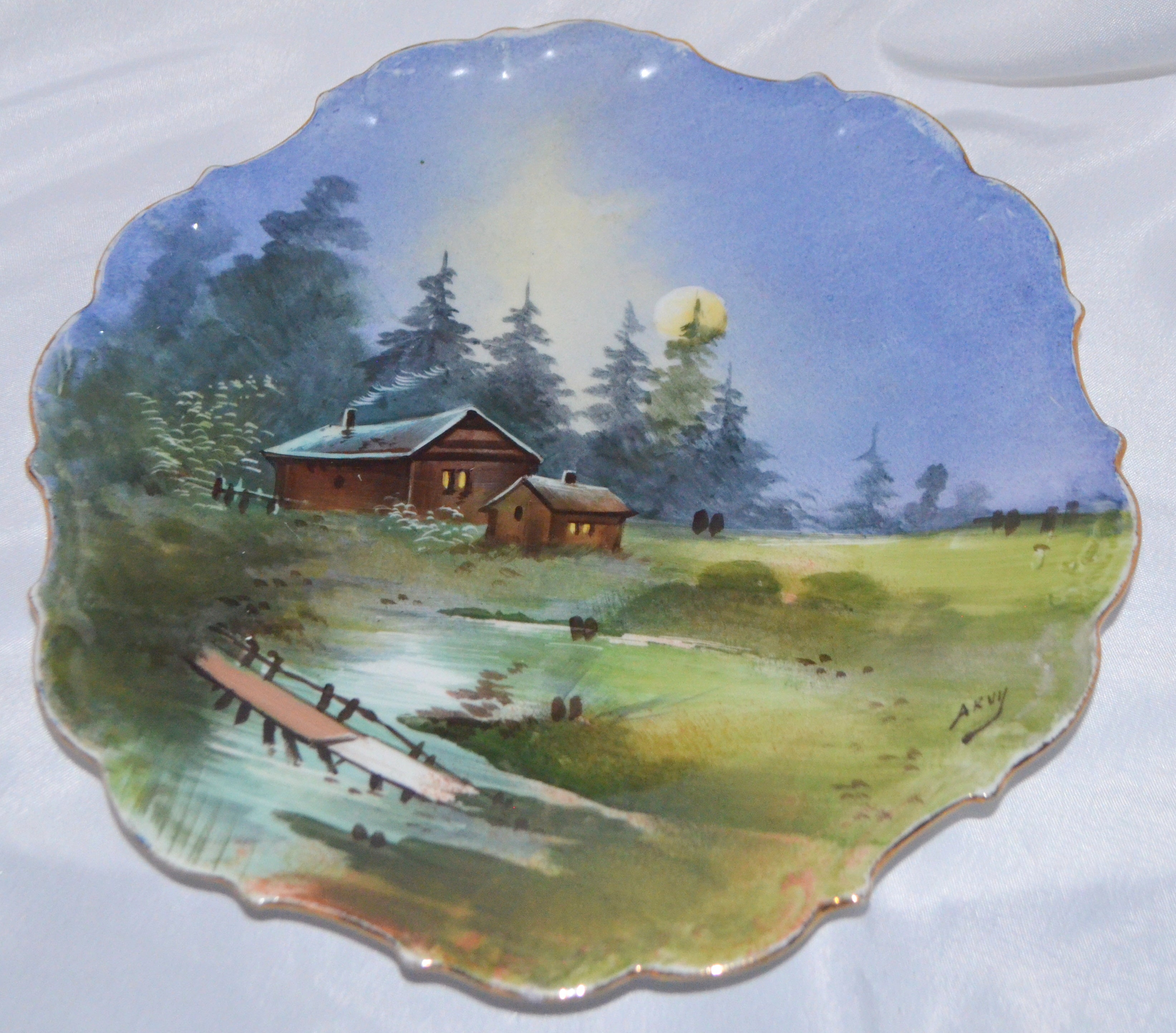 Limoges Artist Signed Cabin Lake Scenic Plates Set of Two (2