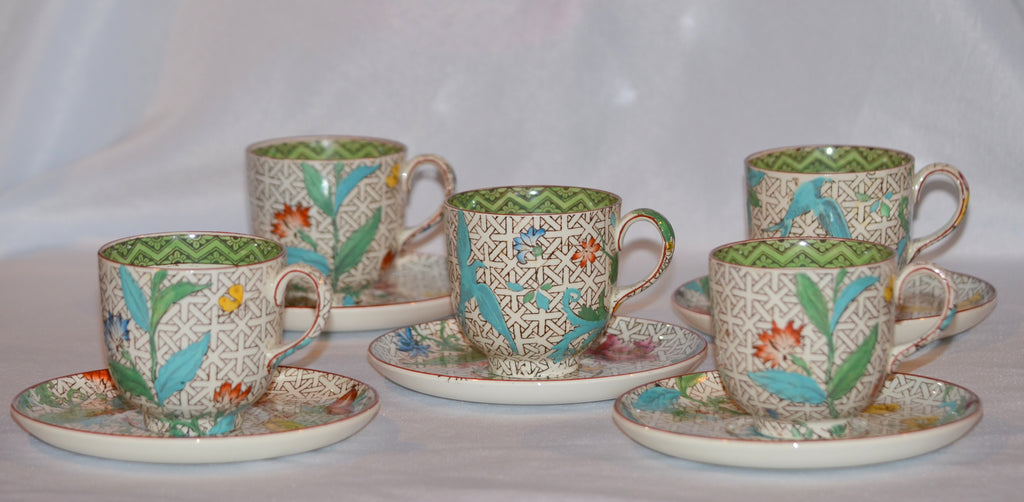 Wedgwood Demitasse Cup & Saucer Set of Five Hand Painted Enamel Flower Trellis Birds 1870-1900