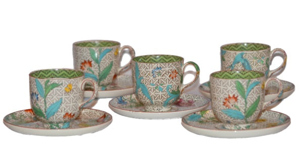 Wedgwood Demitasse Cup & Saucer Set of Five Hand Painted Enamel Flower Trellis Birds 1870-1900