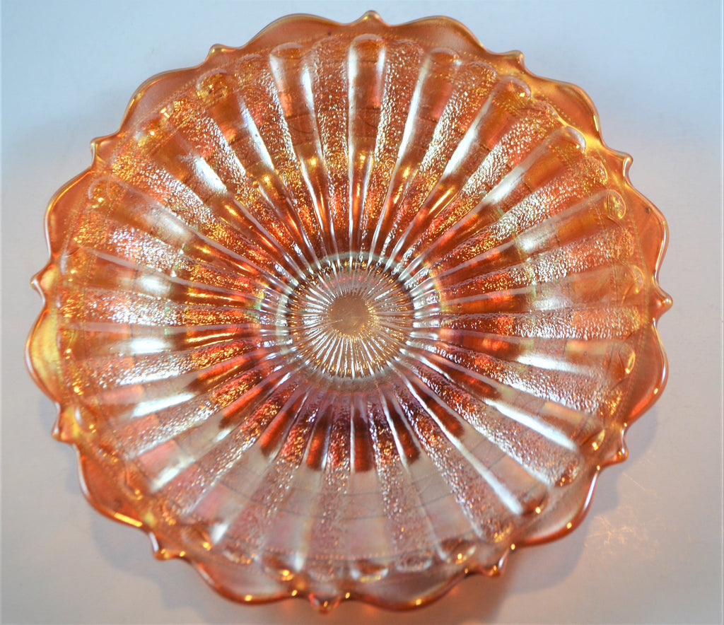 Antique Fenton Stippled Rays with Scale Band Marigold Carnival Glass Plate Raised Base
