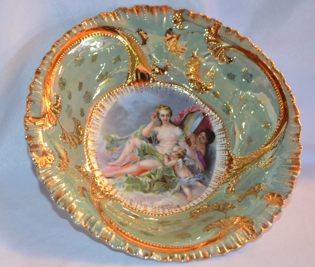 RS Prussia (OS) Scenic Bowl Boucher Toilette of Venus Iridescent Green Stylized Gold Leaf