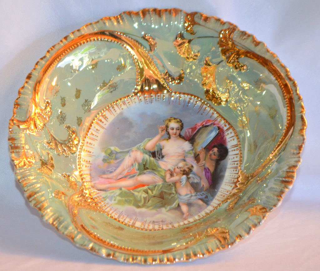 RS Prussia (OS) Scenic Bowl Boucher Toilette of Venus Iridescent Green Stylized Gold Leaf