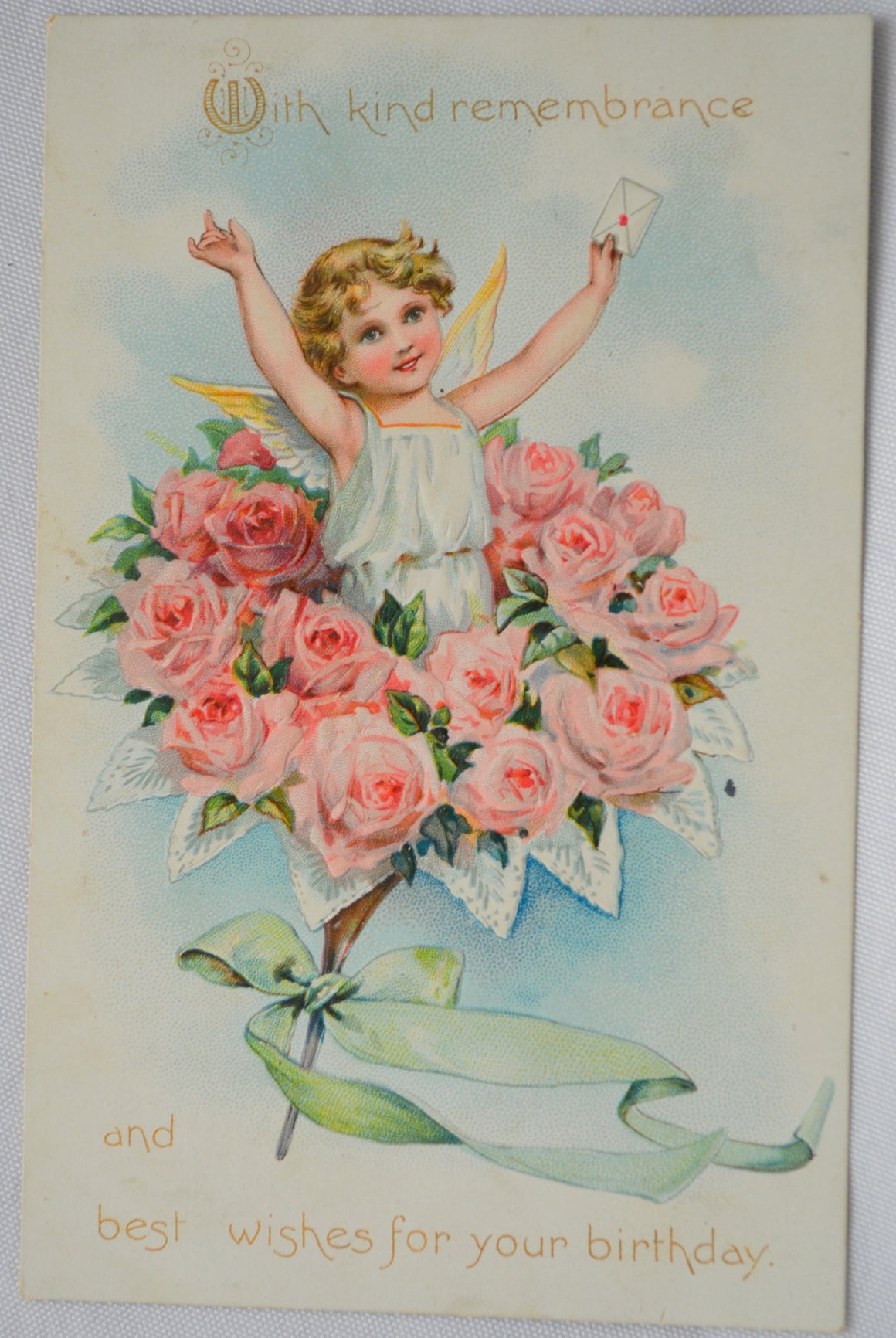 Birthday Wishes Postcard Raphael Tuck Publishing Birthday Post Card Series Angel Child Holding Letter in Bouquet of Flowers