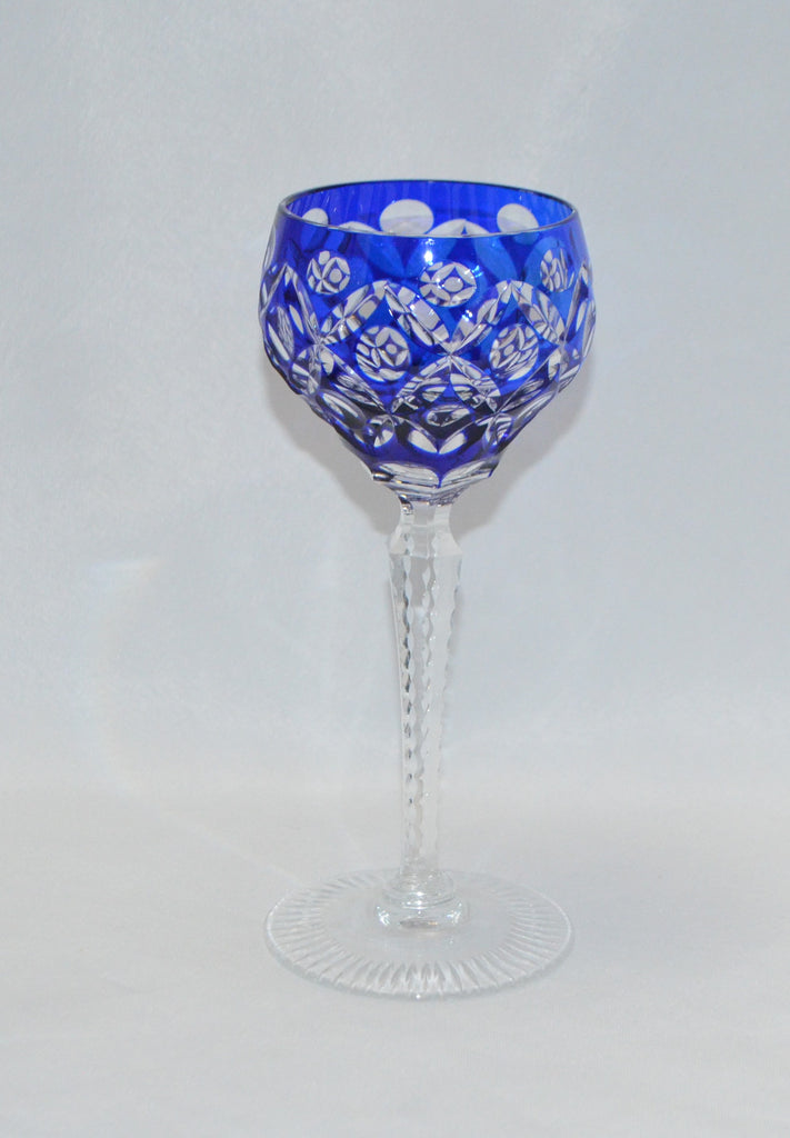 Bohemian Glass Cobalt Blue Cut to Clear Crystal Stemware Wine Goblet