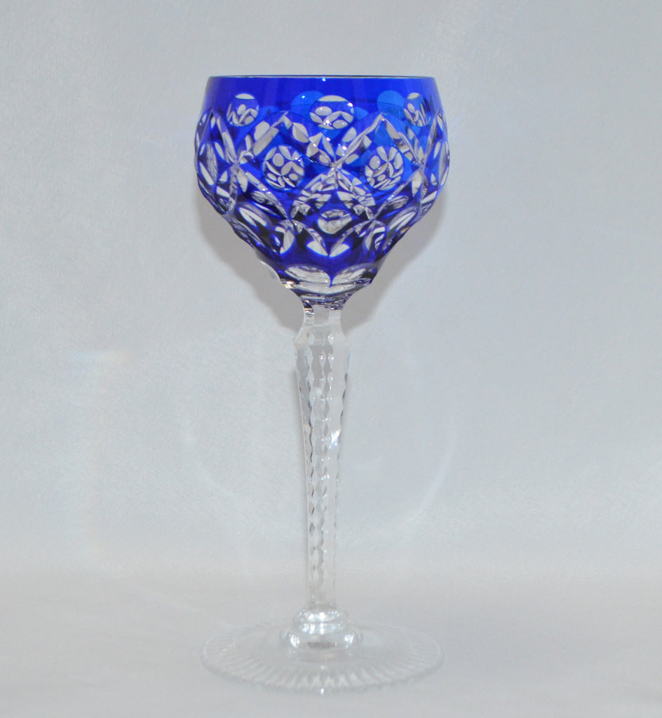 Bohemian Glass Cobalt Blue Cut to Clear Crystal Stemware Wine Goblet