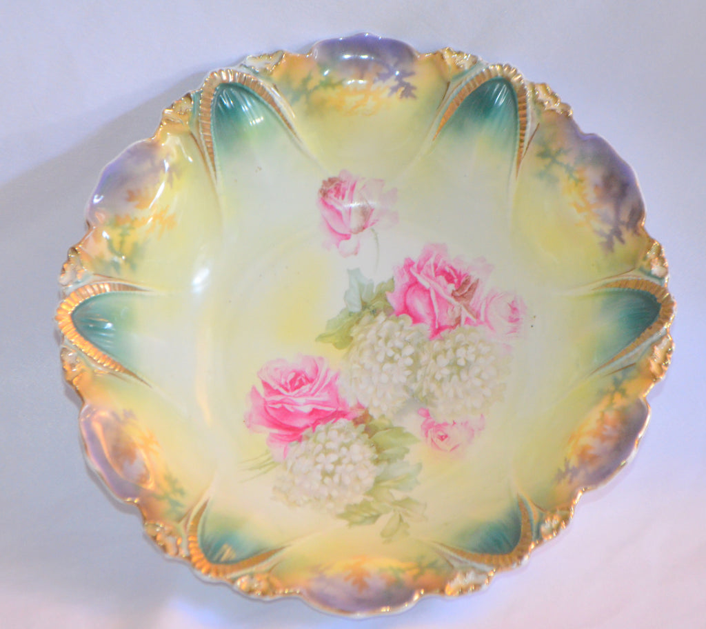 RS Prussia Porcelain Bowl Mold 96 FSnowballs & Pink Roses Lilac Purple Flash