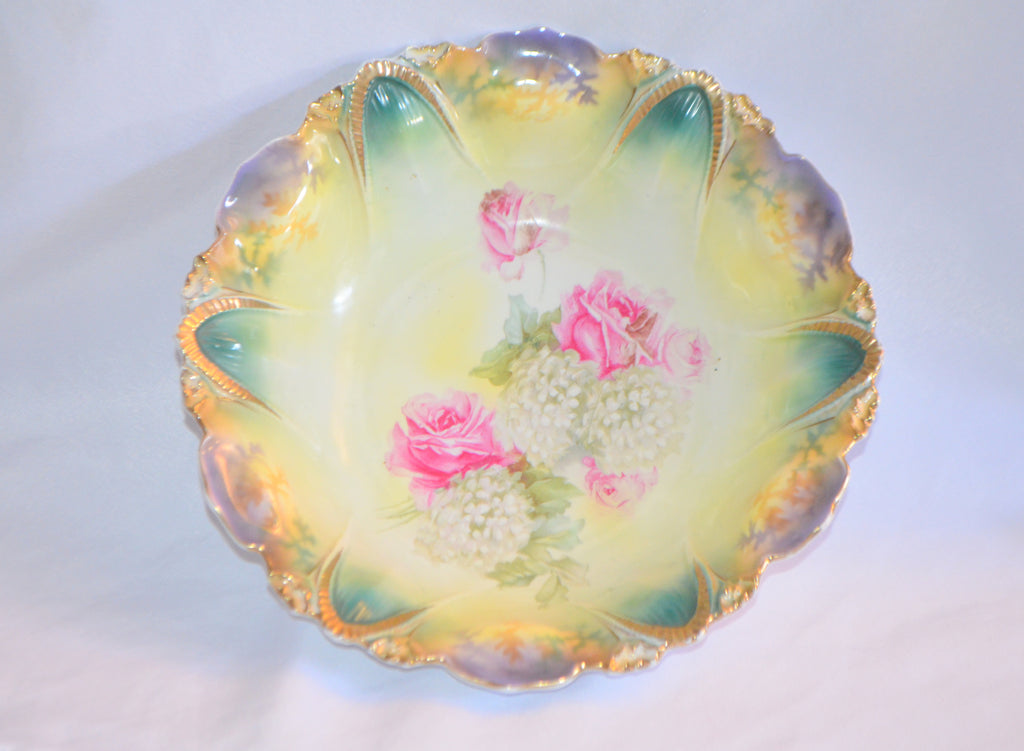 RS Prussia Porcelain Bowl Mold 96 FSnowballs & Pink Roses Lilac Purple Flash