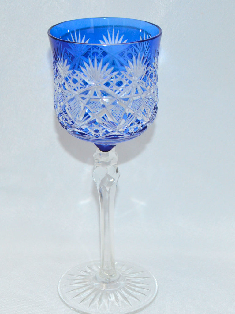 French Saint Louis Glass Cobalt Blue Cut to Clear Crystal Stemware Wine Chalice