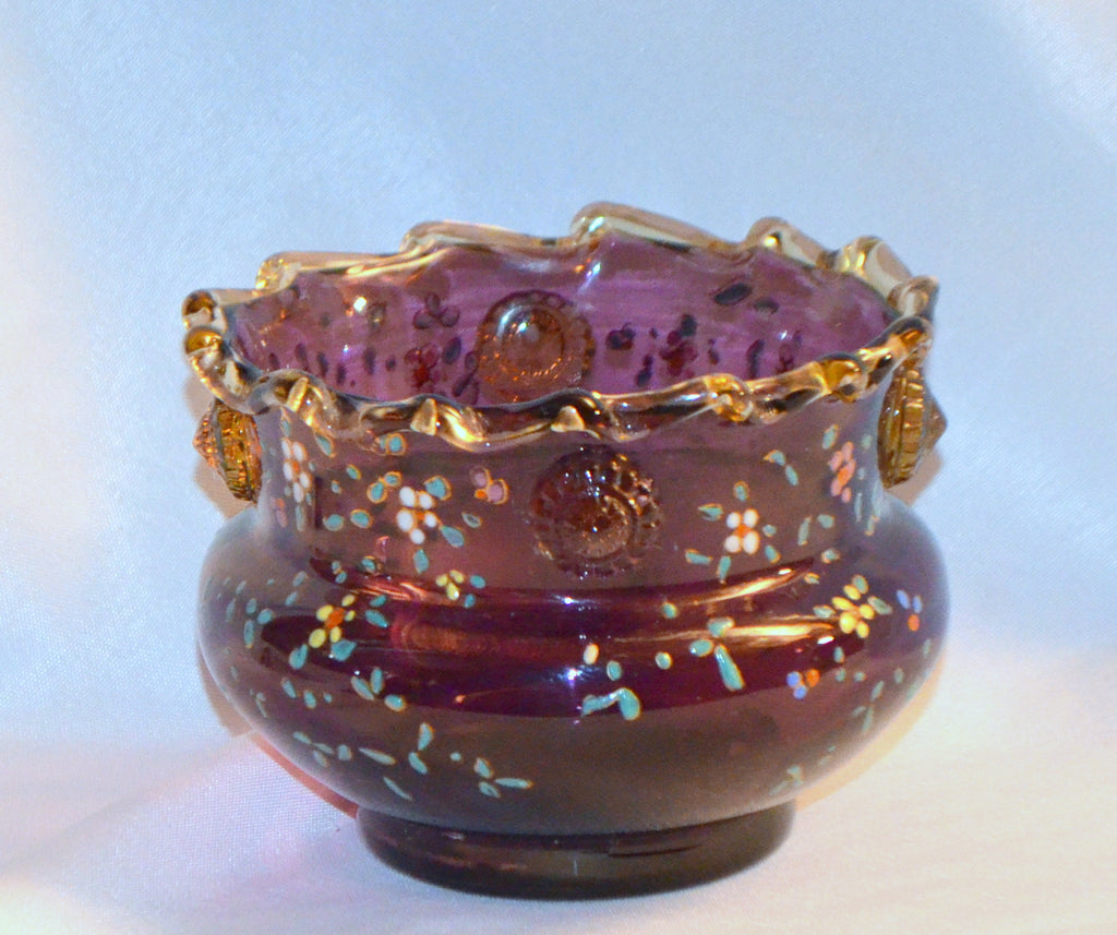 Moser Bohemian Purple Amethyst Art Glass Bowl Vase Amber Rigaree Applied Flower Head Prunts Enameled Flowers