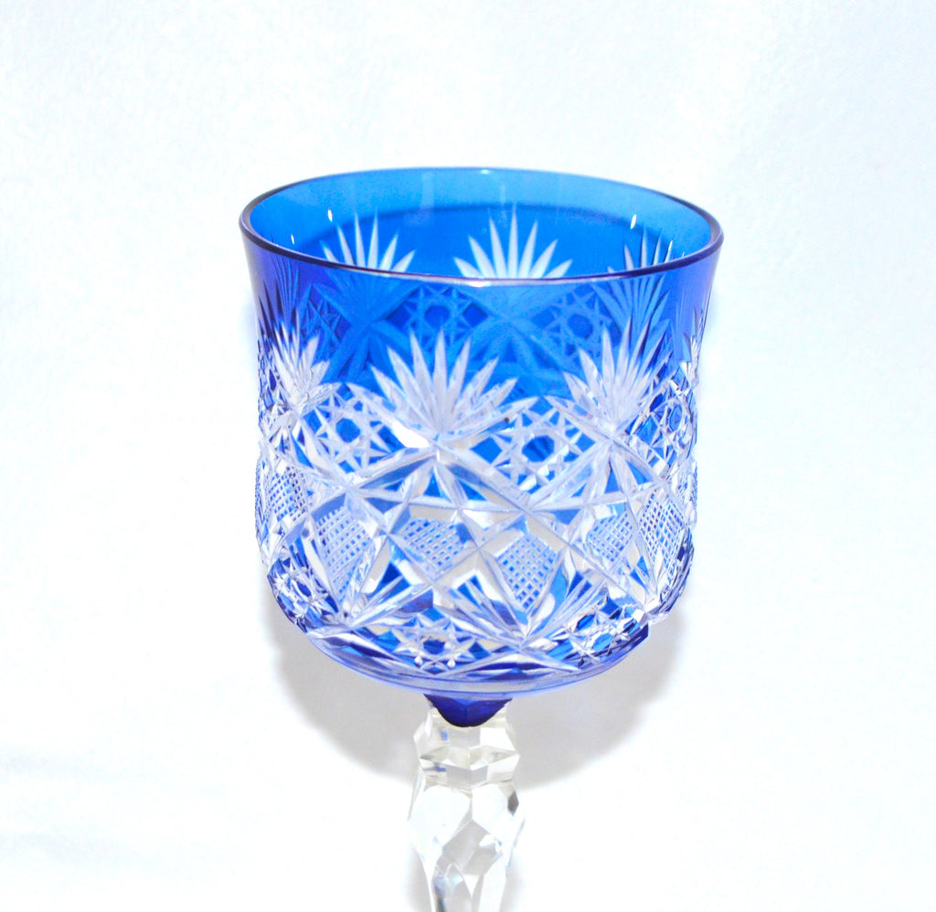 French Saint Louis Glass Cobalt Blue Cut to Clear Crystal Stemware Wine Chalice