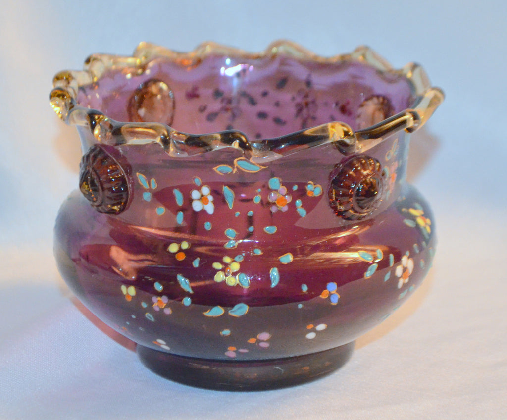 Moser Bohemian Purple Amethyst Art Glass Bowl Vase Amber Rigaree Applied Flower Head Prunts Enameled Flowers