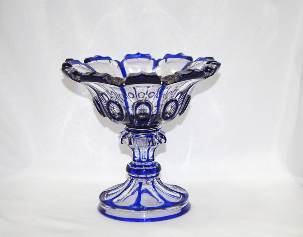 19th Century Bohemian Cobalt Blue Stained Overlay Clear Cut Glass Tazza Compote