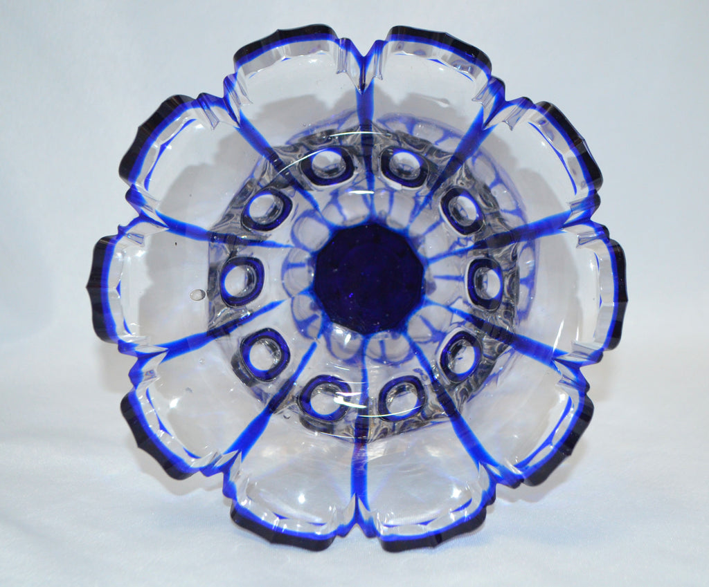 19th Century Bohemian Cobalt Blue Stained Overlay Clear Cut Glass Tazza Compote