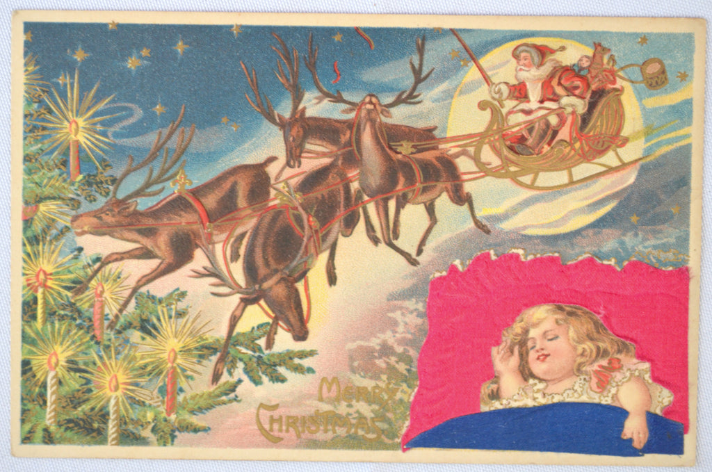Christmas Postcard Silk Santa Claus in Sleigh Over Child