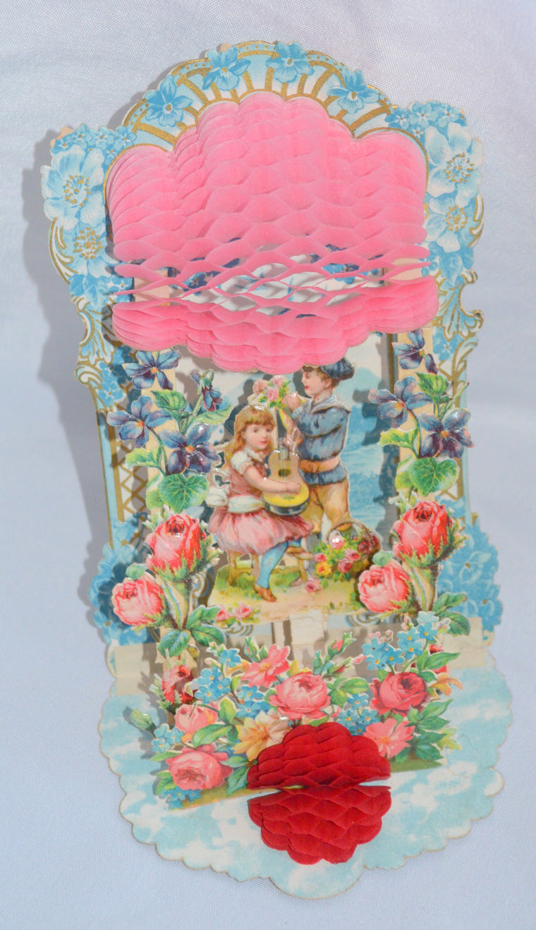 Antique 3D Fold Down Valentine Card Die Cut Embossed Honeycomb Front & Top Children with Guitar in Flowers