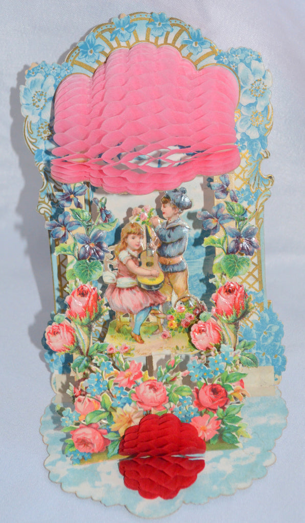Antique 3D Fold Down Valentine Card Die Cut Embossed Honeycomb Front & Top Children with Guitar in Flowers