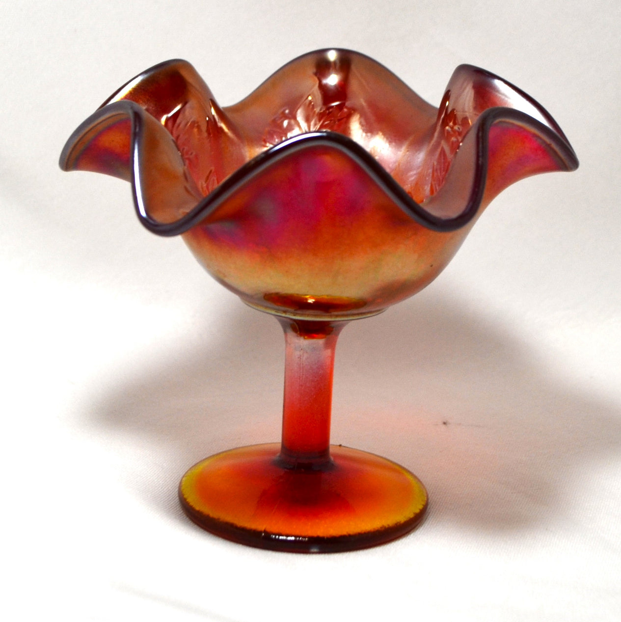 Rare Fenton Amberina Red Carnival Glass Compote Vase w/ Holly Decoration & Yellow Stem