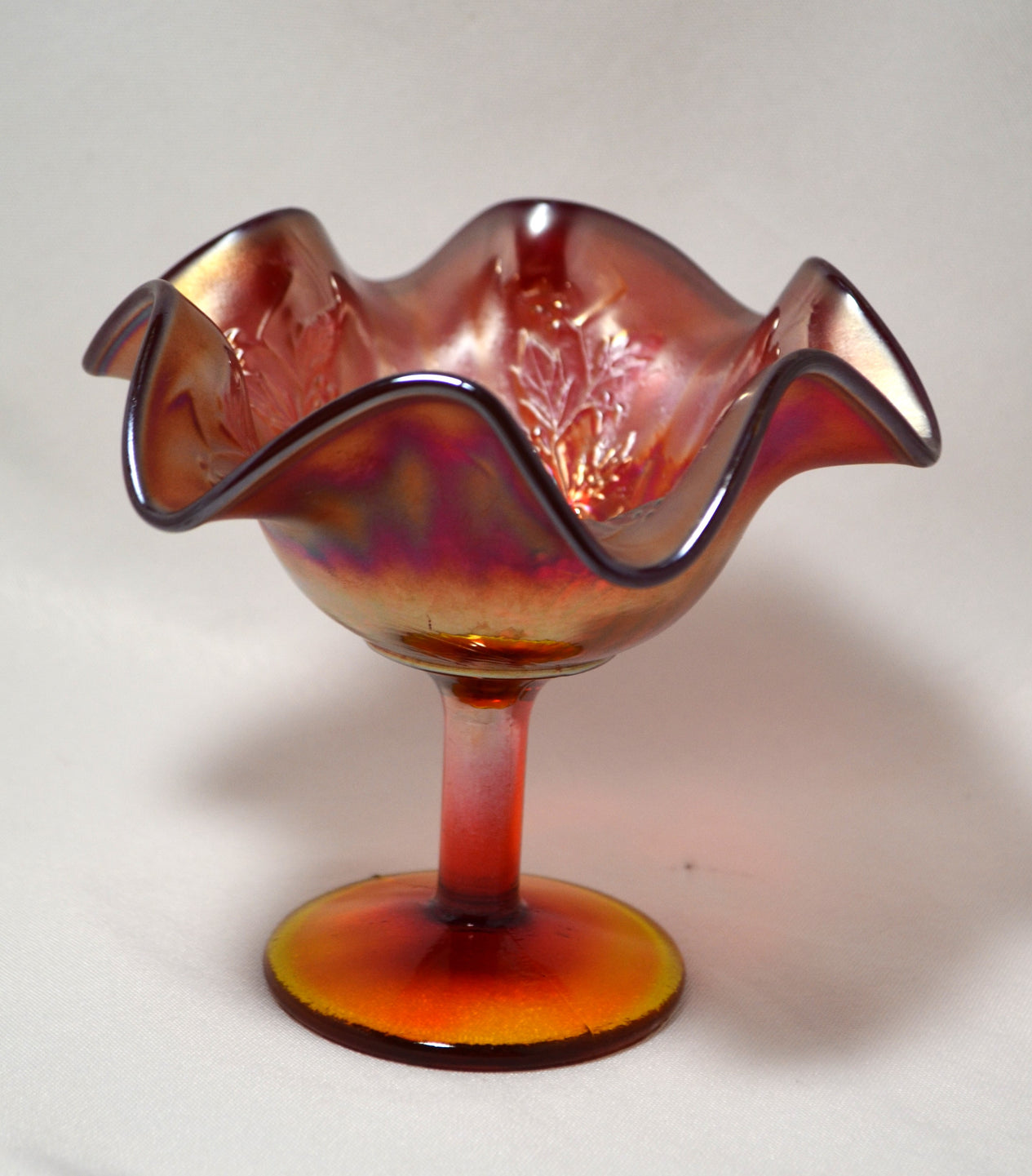 Rare Fenton Amberina Red Carnival Glass Compote Vase w/ Holly Decoration & Yellow Stem