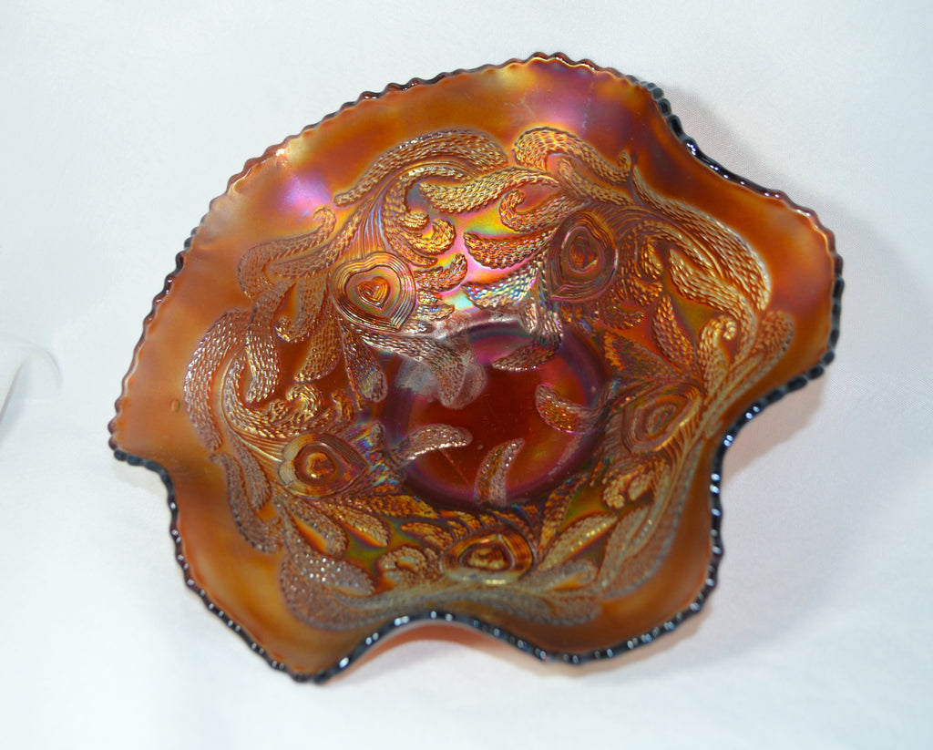 Beautiful 1900's Pre-Logo Fenton Amethyst Aqua Carnival Glass Scalloped Bowl Hearts Vine Pattern