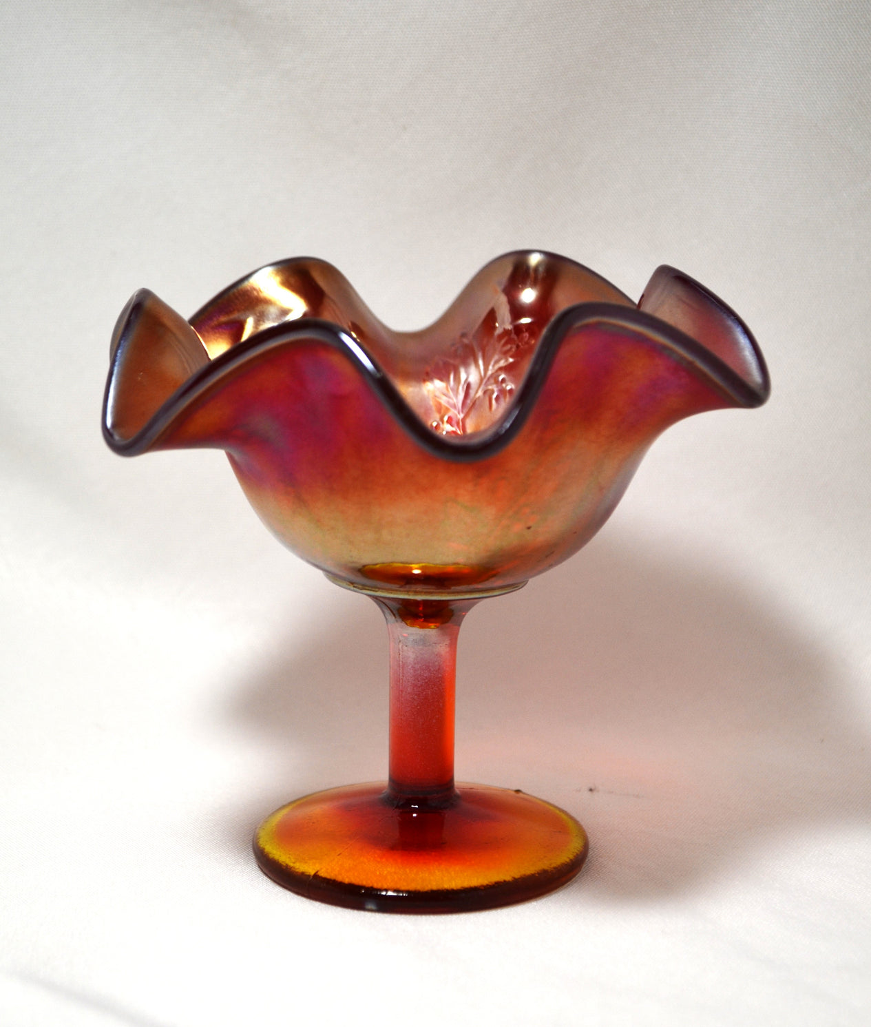 Rare Fenton Amberina Red Carnival Glass Compote Vase w/ Holly Decoration & Yellow Stem