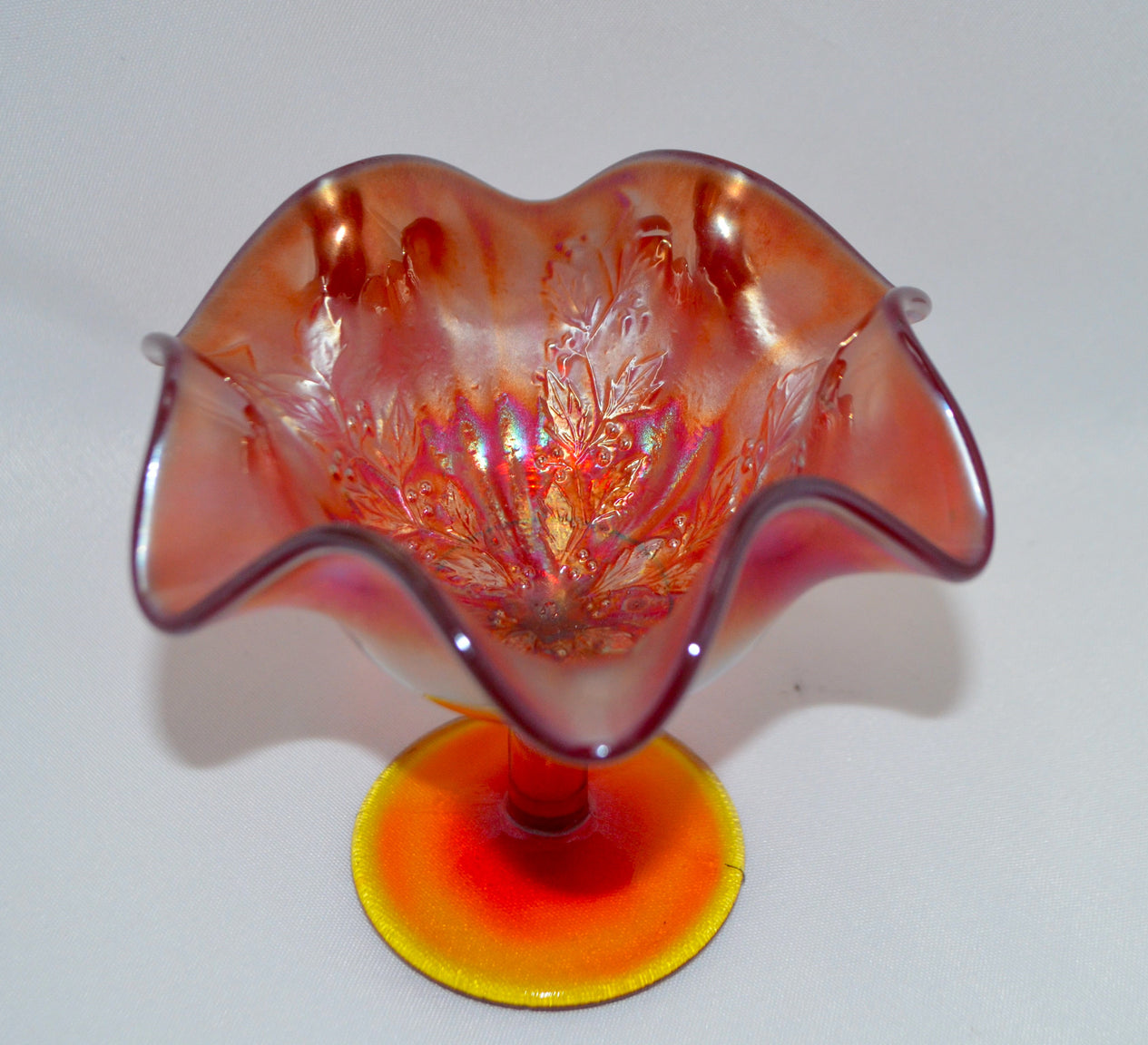 Rare Fenton Amberina Red Carnival Glass Compote Vase w/ Holly Decoration & Yellow Stem