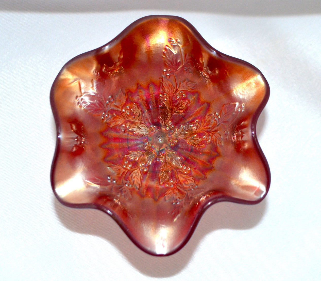 Rare Fenton Amberina Red Carnival Glass Compote Vase w/ Holly Decoration & Yellow Stem